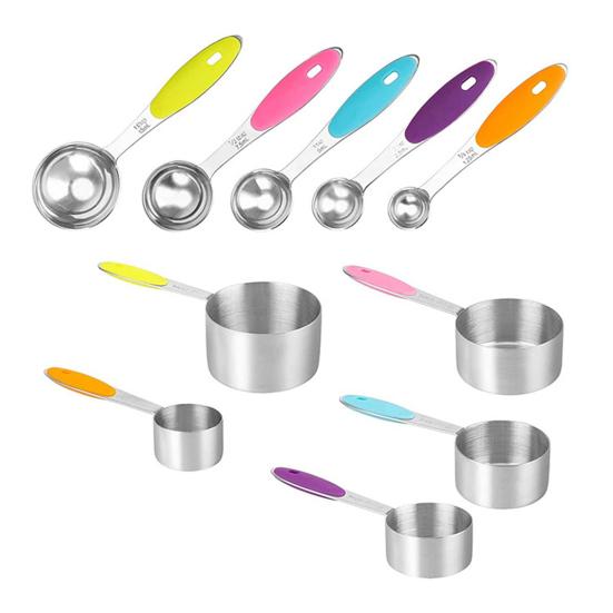 Maatlepels Set met Kleurrijke Antislip Siliconen Handvatten Roestvrij Staal Voedselveilig Nauwkeurige Schaalverdelingen Complete Bak- en Kookbekers Opslag