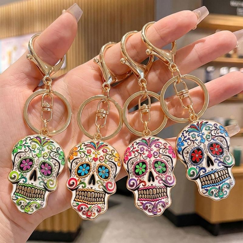 Halloween Skull Keychain Charm, Floral Skull Bag Charm with Alloy Hardware, Lobster Clasp and Round Key Ring for Keys