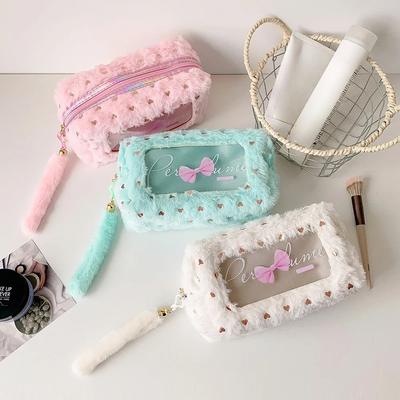 Bolsa de Maquiagem de Pelúcia Cor Doce Bolsa Cosmética Transparente Bolsa para Lápis com Laço para Menina Estojo de Papelaria Bolsa Organizadora de Maquiagem para Estudante Bolsa de Lavagem