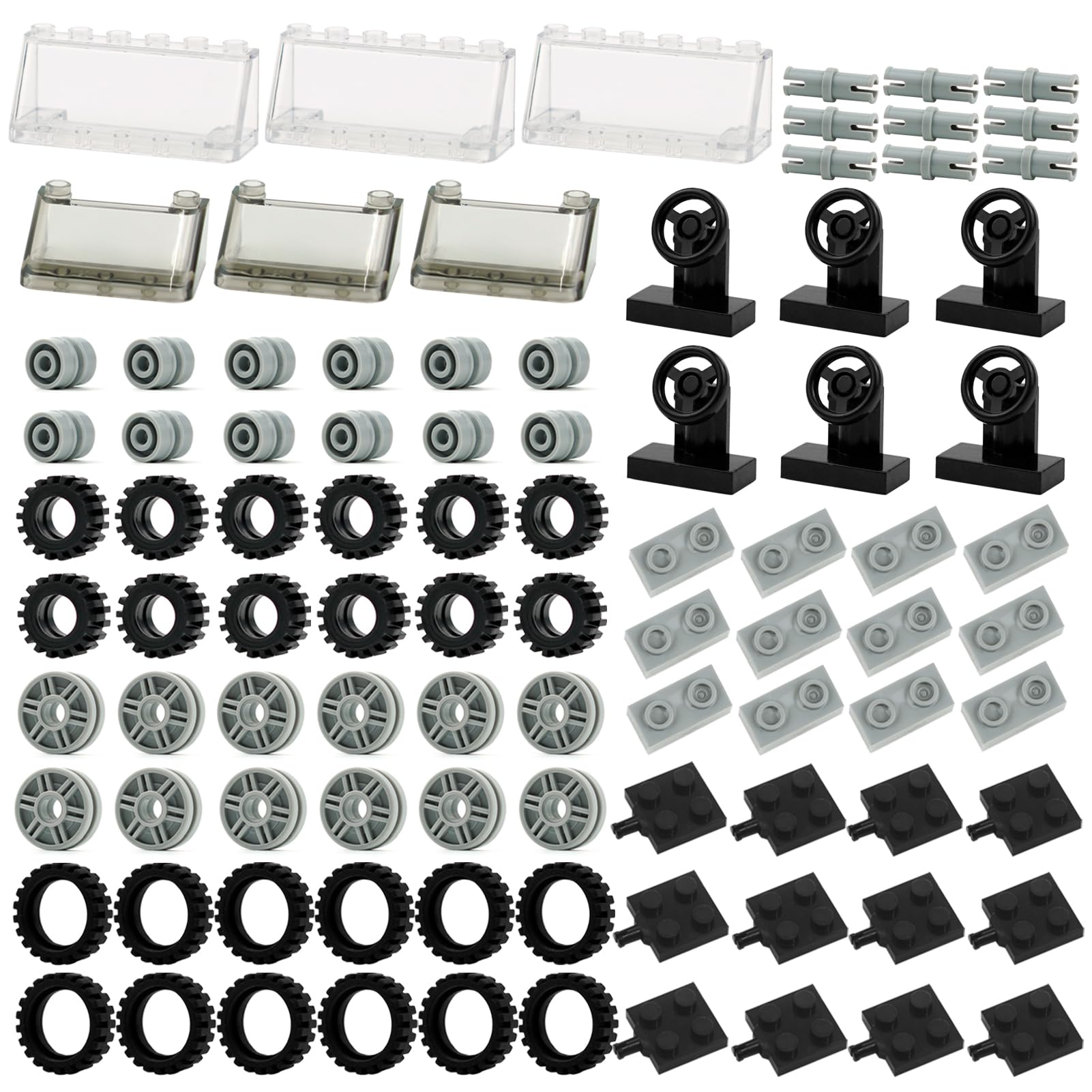 

102-Piece Technical Parts Set - Gears, Cogs, Axles, Tires, Windshield, Steering Wheel, MOC Expansion Parts Compatible with Classic Block Vehicle Parts