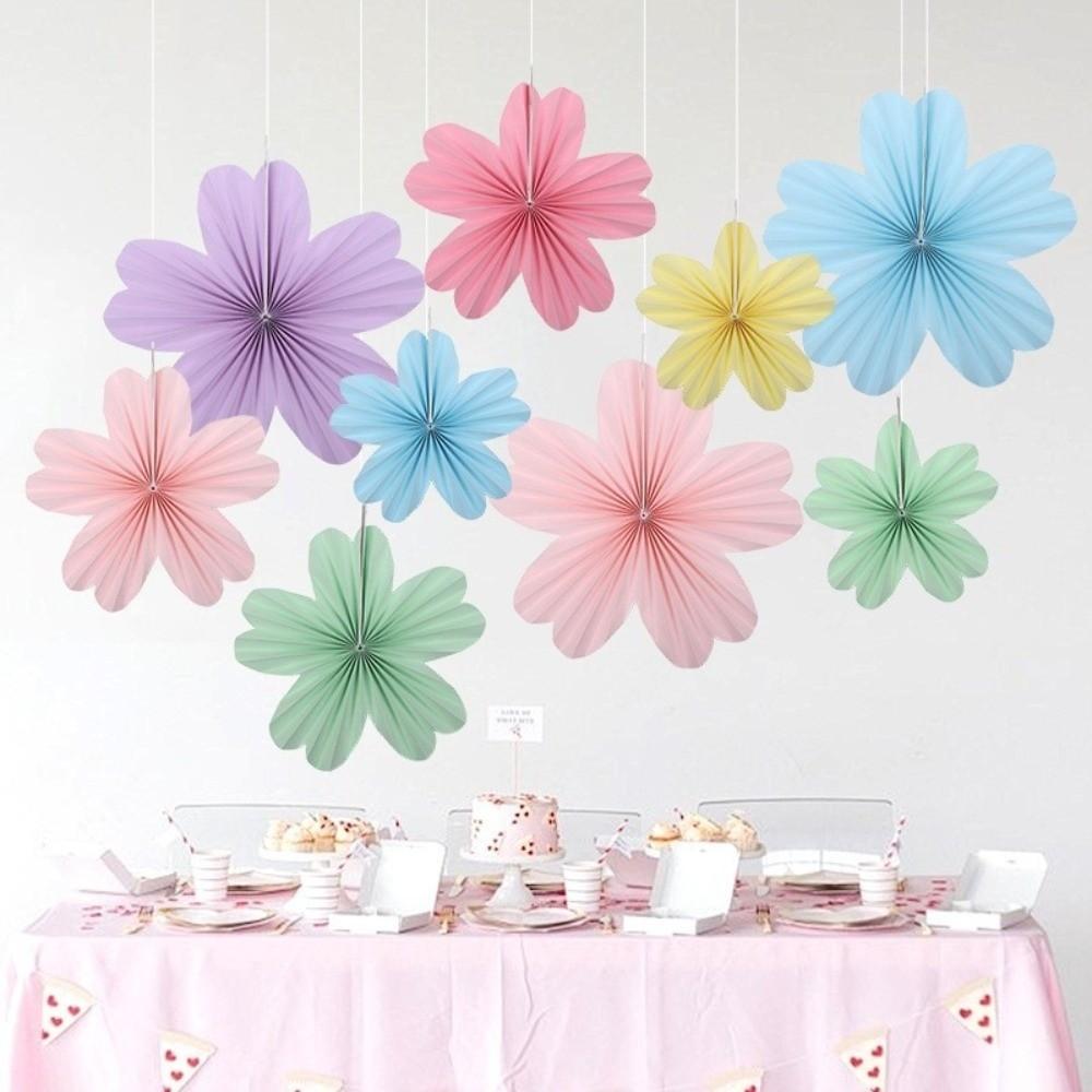 9Pcs/Set Floral Pom Poms Paper Fans DIY Wall Hanging Banner  Birthday Baby Wedding Party Decoration