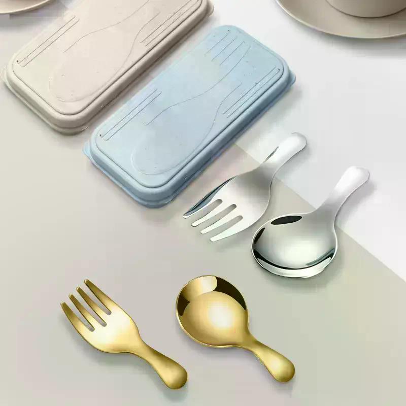 Stainless Steel Tableware Set Spoon Fork 2Pc Portable With Box Outdoor Camping Cutlery Lunch Hiking Camp Cooking Travel Flatware