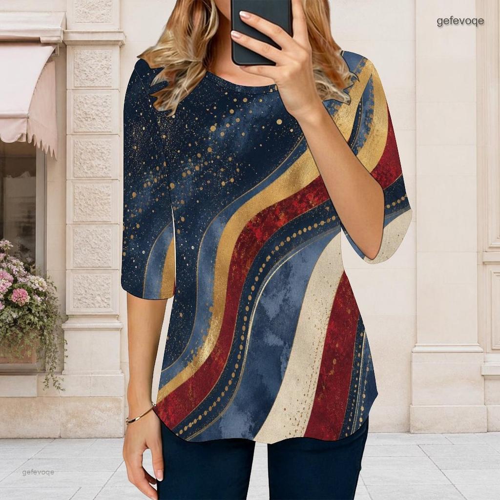 Women Plus Size Round Neck Three Quarter Sleeve Printed T Shirt Red Navy Silver Star Pattern Curved Hem