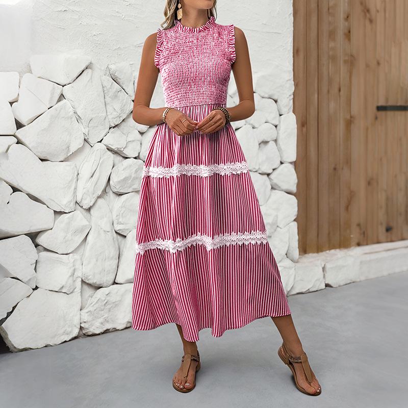 Summer 2026 Middle East High-End Lace Trim Patchwork Maxi Slip Dress with French Stripes