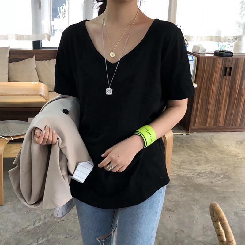 Slub Cotton T-shirt Women's Summer New Style V-neck Inner Bottoming Shirt Trend Top Short-sleeved Loose and Thin