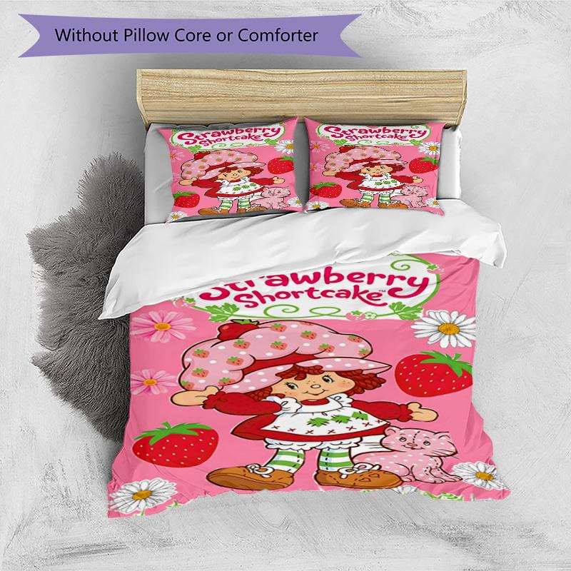 3pcs Princess Strawberry3 Design Cover Set - HD Printed Bedding with 1 Cover and 2 Pillowcases - Perfect for Home and Dorm Decor