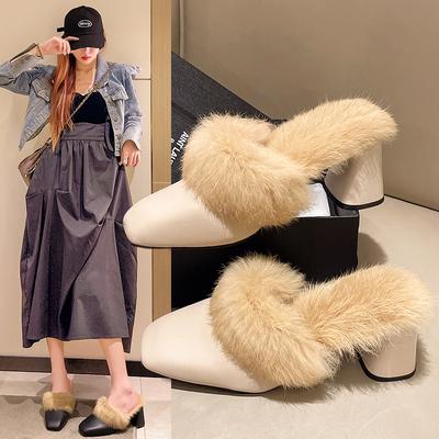Fashion 2024 Autumn/Winter New Thick Heel Square Headed Half Slippers with Fur and Medium High Heels Women's Shoes