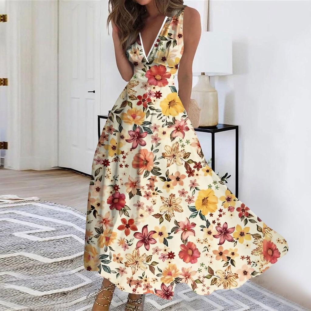 Women's Fashion Summer Small Floral V-Neck Sleeveless Tunic Casual Dresses