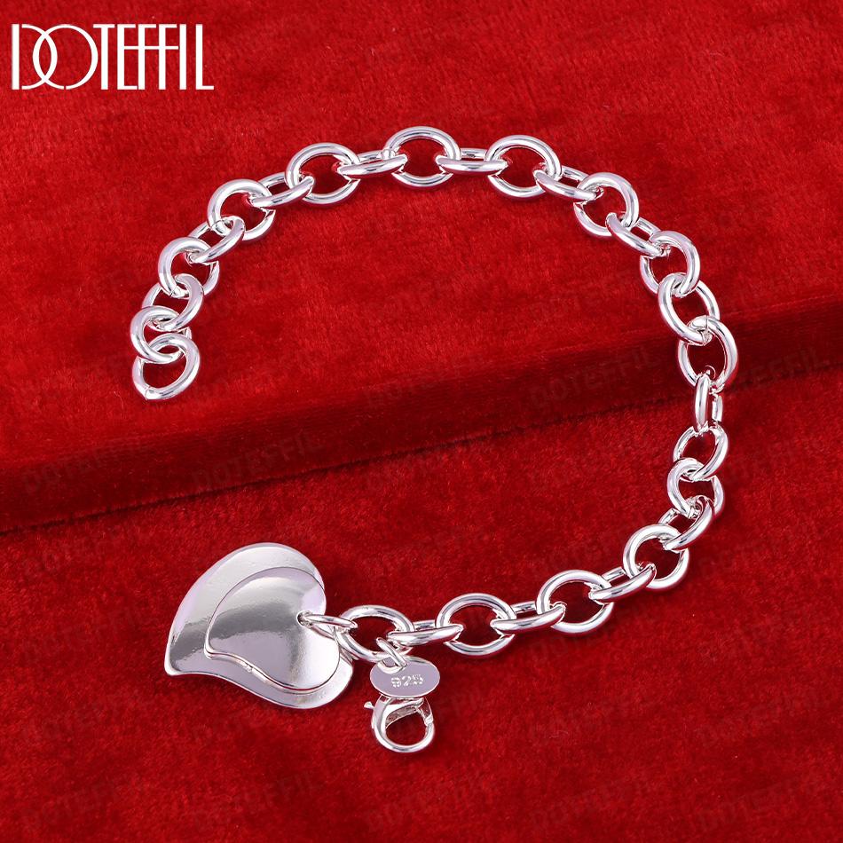 925 Sterling Silver Double Heart Pendant Bracelet Fashion Wedding Jewelry