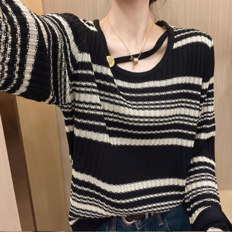 Black Striped Knitwear Women s Autumn 2025 Loose Long Sleeve Sweater M (95-110 Jin)