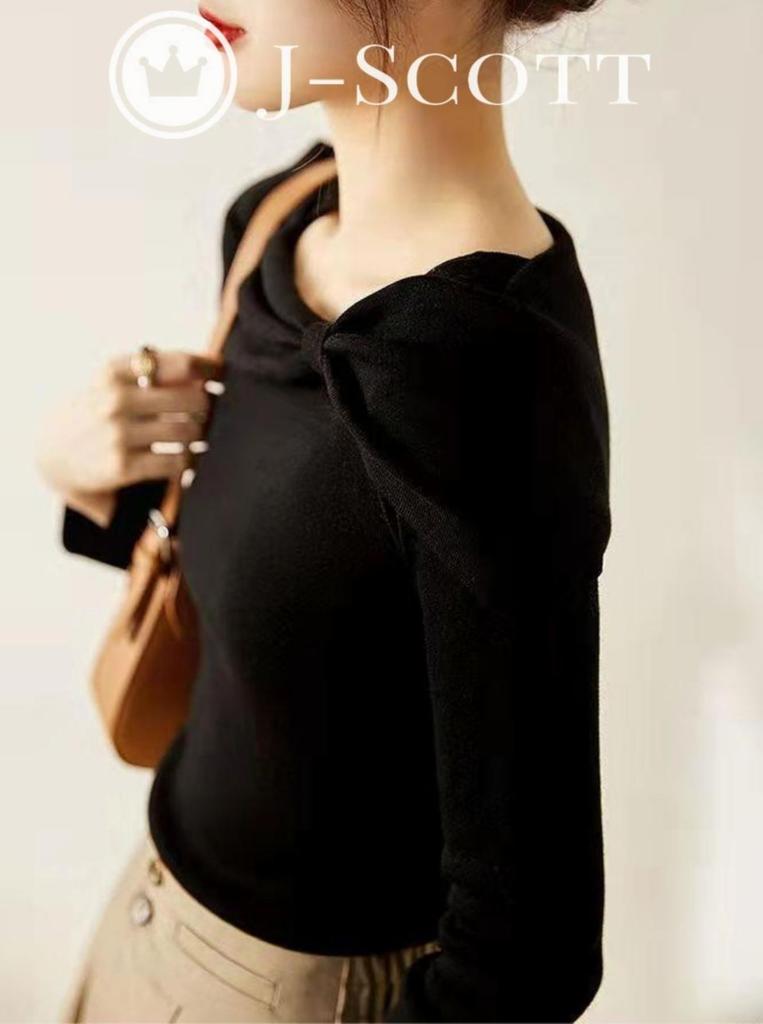 Boat Neck Knit Ribbon Slim Spring 10 Looks Regular Contoured Easy Korean Style Stylish Looks Black [J-Scott] Tops, Motif, Thin, Soft, Fit, 10/4