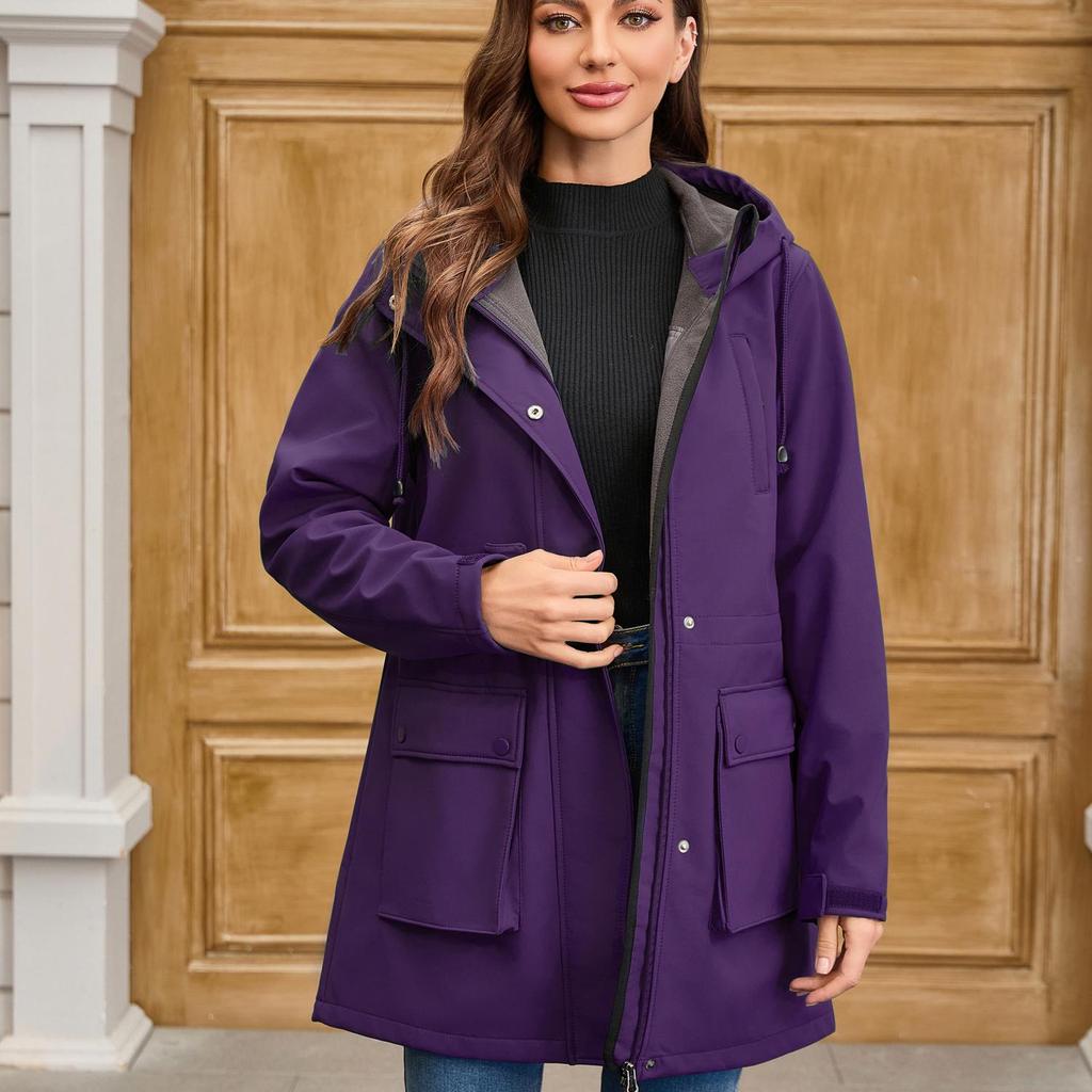 Damen Trenchcoats Softshell Regenfest Kapuzenmantel Outdoor Wanderjacken Herbst Winter Windjacken Reißverschluss Windbreaker