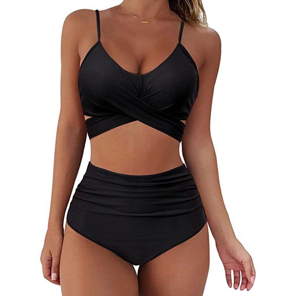 Hot 12 Colors Women Slim Bikini Sets High Waisted Sexy Swimwear 2 Pieces 2026 Solid/Floral Ruched Brazilian Swimsuit Cross Front
