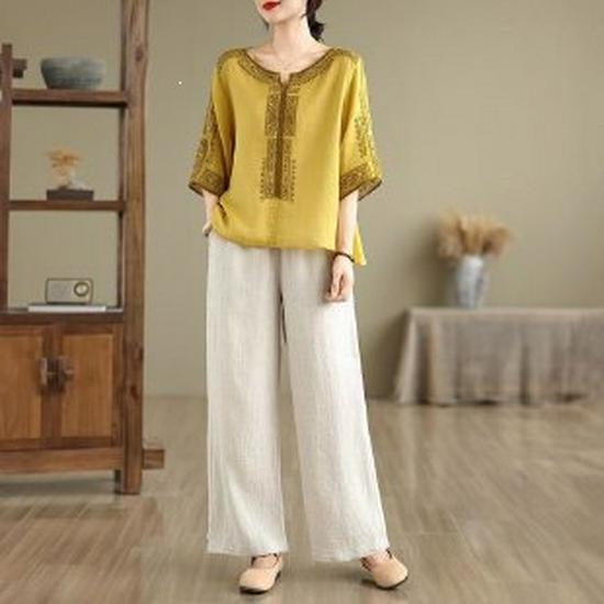 Elegant Chiffon Top: Popular Chinese Style Mid-Aged Women's Five-Point Sleeve Printed T-Shirt