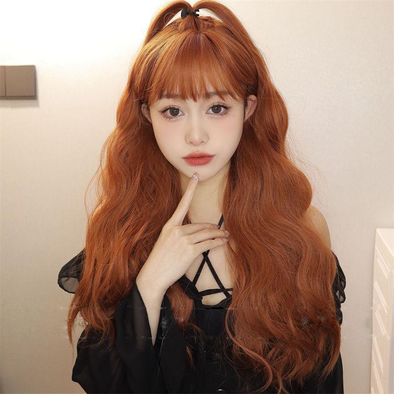 Long Hair Natural Wig Head Cover Women Wig Water Ripple Orange Straight Bangs