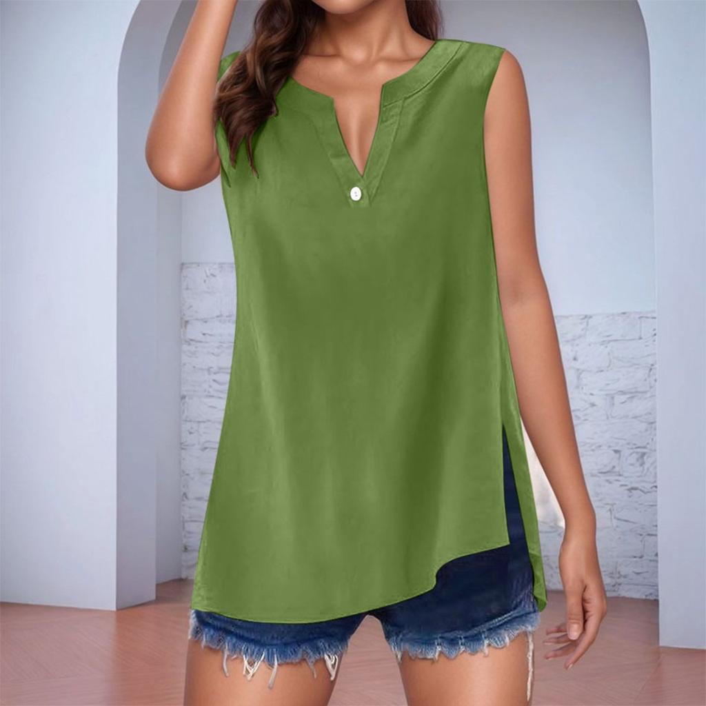 Women's Cotton Linen Solid Colour Sleeveless Shirt V-Neck With Buttons Loose Blouse