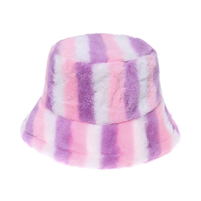 Japan and Korea casual fashion rabbit fur hat colorful striped basin hat warm bucket hat women's trend