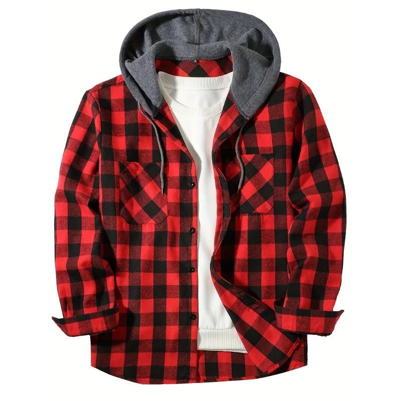 Men's Shirts Classic Plaid Casual Button Down Hooded Long Sleeved Double Pockets Shirt Hoodie Flannel Jacket Spring Autumn