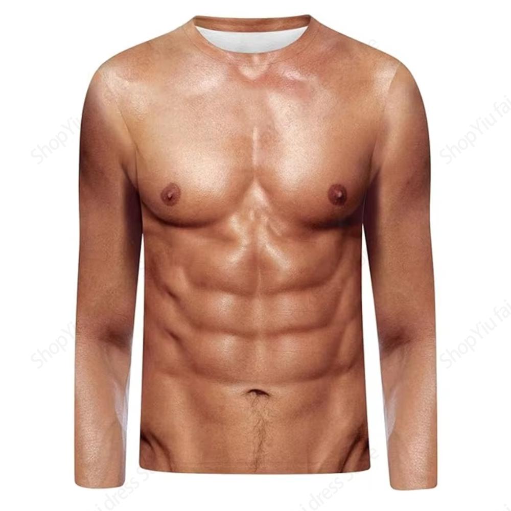 3D Funny Muscle Body Printed T-shirts Slim Oversized Round neck Long Sleeve T-shirts Ugly Chest Hair Tops