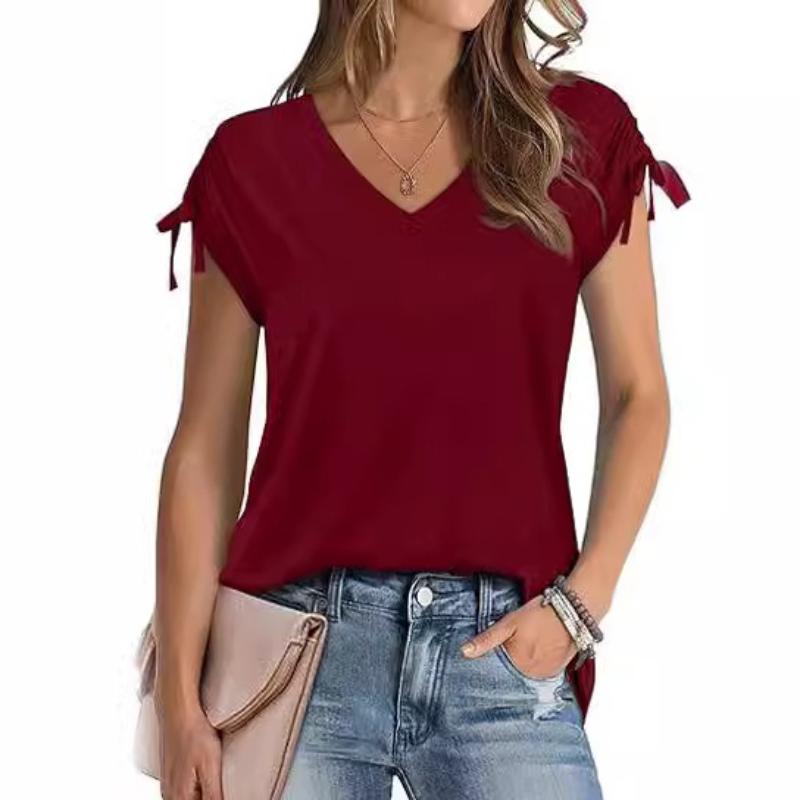 Women's Short Sleeve Top Drawstring Summer Fashion V-Neck T-Shirt