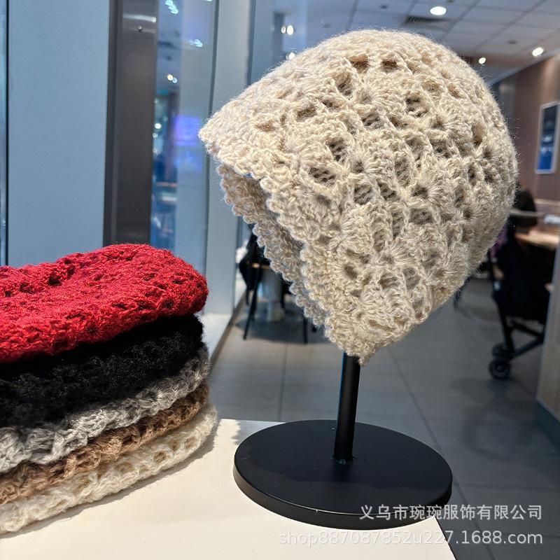 Spring and Autumn Hollow Double Layer Cotton Thread Handmade Crochet Baotou Hat Female Elegant Retro Sweet Decorative Knitted Cold Hat