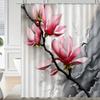 1pc pink floral print shower curtain, polyester fabric, machine washable, with hooks, suitable for bathroom decoration