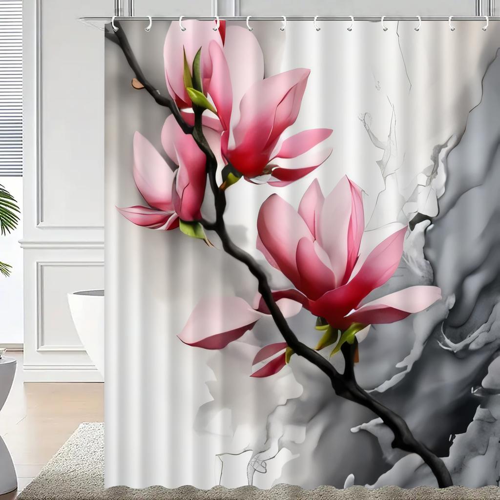 1pc pink floral print shower curtain, polyester fabric, machine washable, with hooks, suitable for bathroom decoration