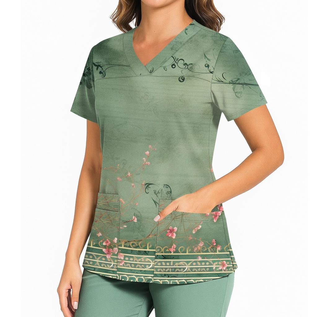 Women's Casual Printed V-Neck Pocket Side Slit Short Sleeved Top Short Sleeved Top