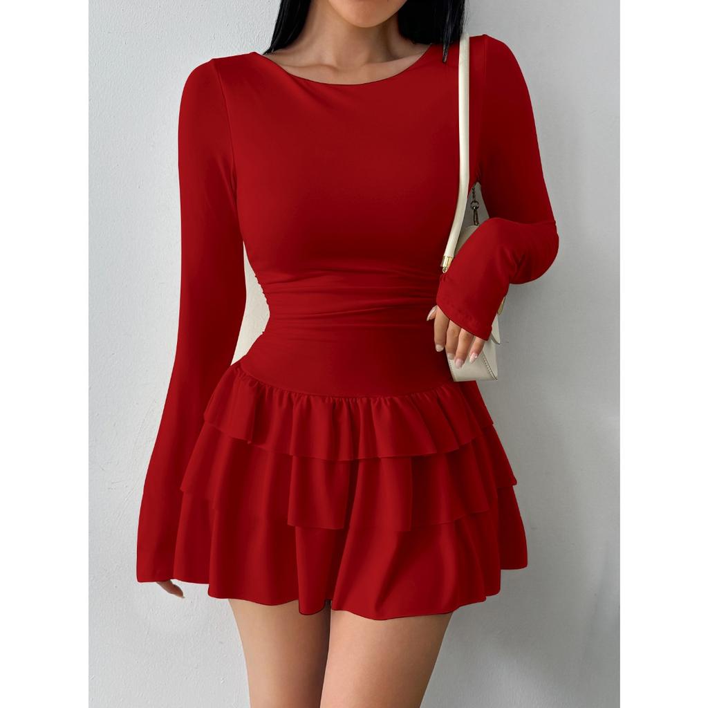 Women's Round Neck Long Sleeve Mini Dress Slim Fit Mid Waist Elegant Tiered Cake Dress