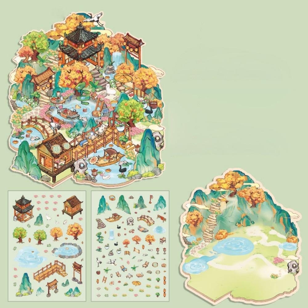 

Китайские ретро 3D наклейки с многослойным пейзажем, мультяшные наклейки для ландшафтного дизайна, родитель-ребенок 1