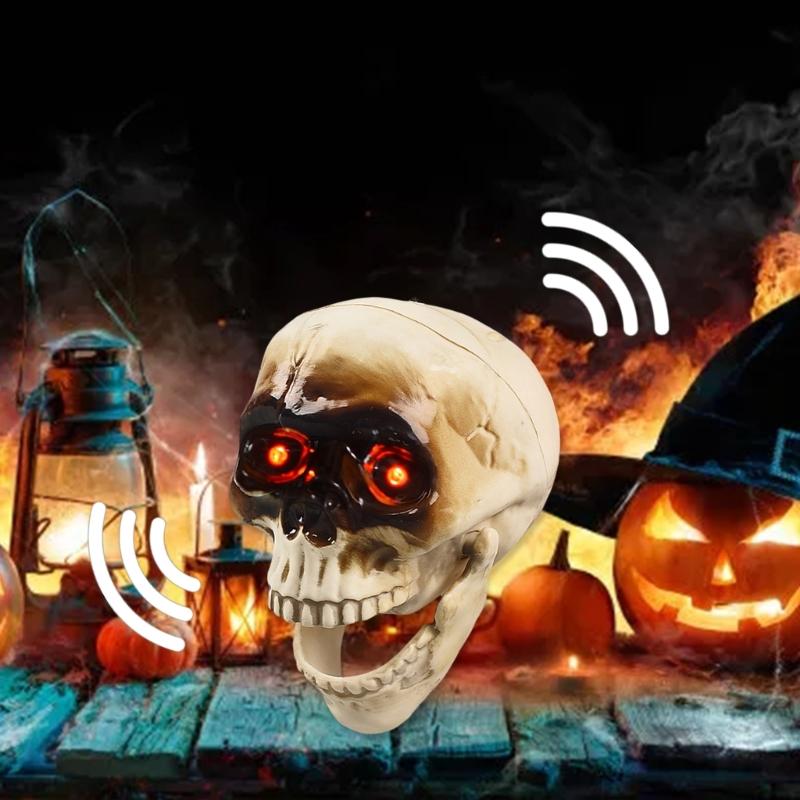 Halloween Party Props Skull Head Ornament with Animated Jaw Movement and Sounds Terrifying Skeleton Home Decoration
