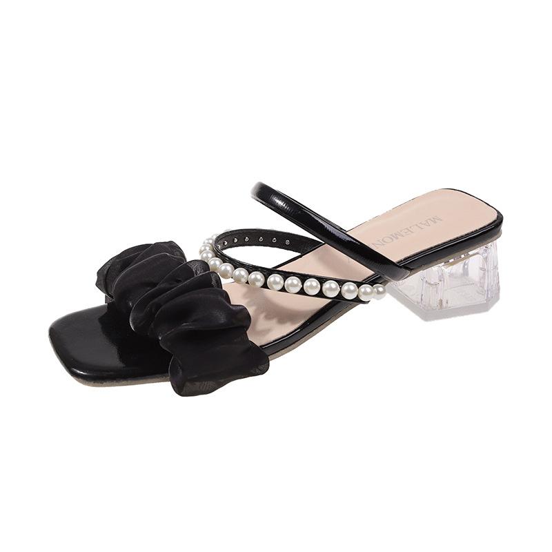 Cool Slippers Female 2025 New Summer Medium Heel Thick Heel French Versatile Outer Wear Fairy Wind Pearl Two Wear Sandals