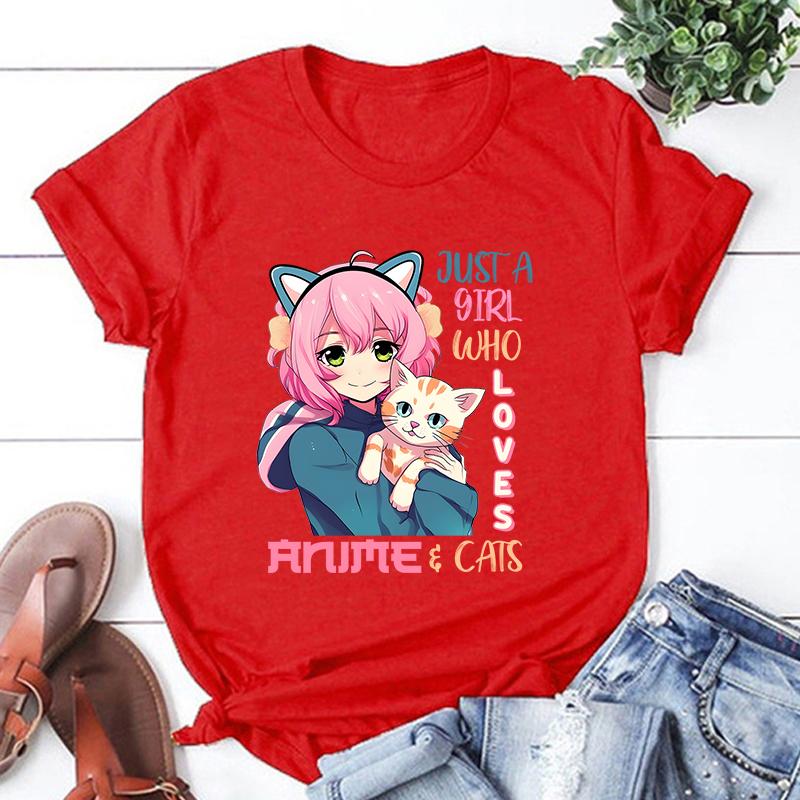 New Hot Just A Girl Who Loves Anime Cats Printed T-Shirts Women Unisex Casual Loose Round Neck Creative Personalized T-Shirt