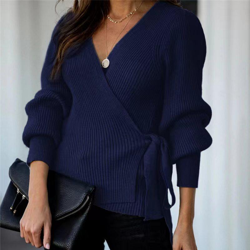 IHUASU Autumn and Winter Tie Temperament Commuter V-neck Jumper Women's Loose Large Size Fashion Knitted Cardigan