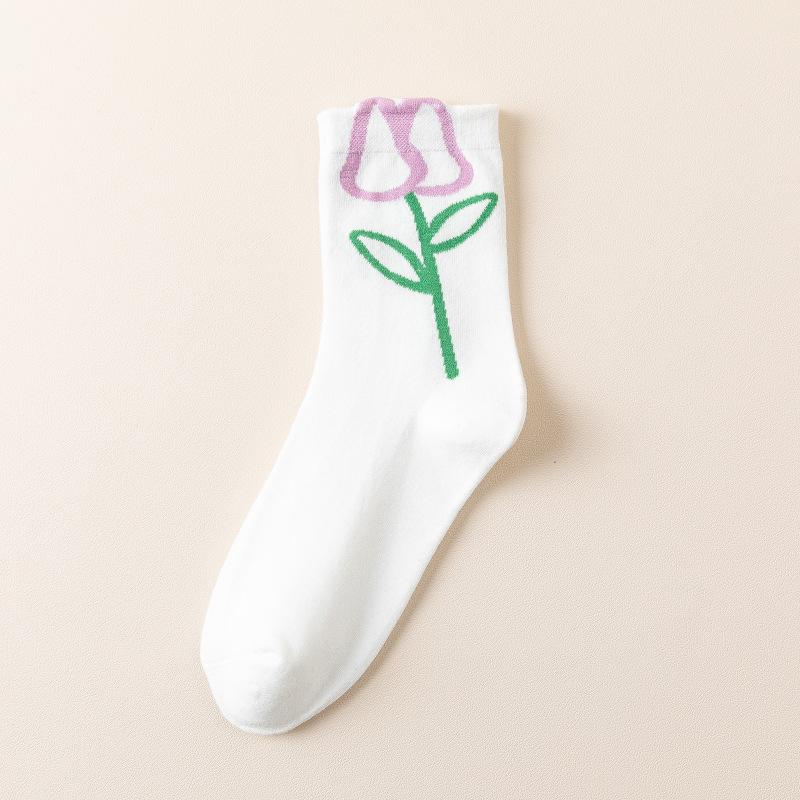 Women's Autumn and Winter Tulip Mid-calf Women's Socks Trendy Women's Style Flower Women's Mid-calf Cotton Black and White Long Socks