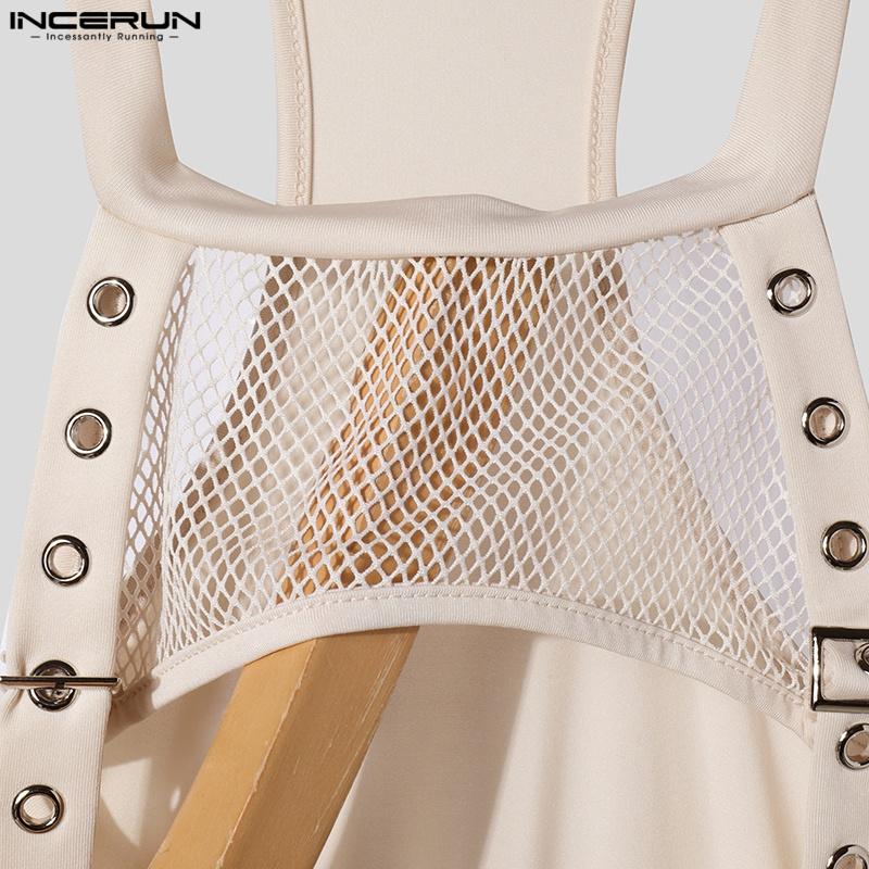 INCERUN Men Summer Strap Sleeveless Mesh Hollow Patchwork Cutout Fitted Tank Tops