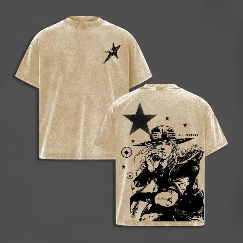 Zeppeli Gyro Print T-shirt Anime JoJo's Bizarre Adventure Clothing Men Women Cotton Tshirts Retro Washed T Shirt Harajuku Tops