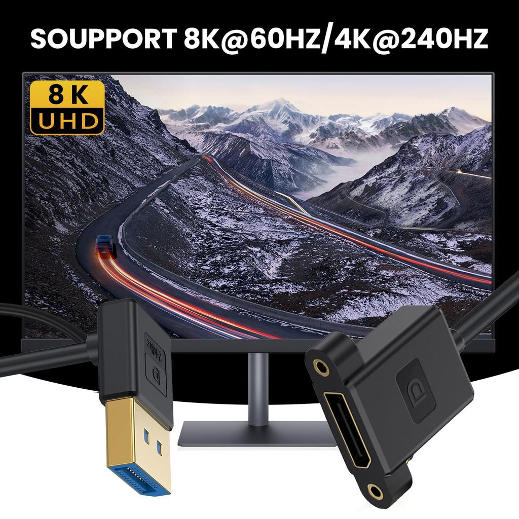 Cablecc DisplayPort 8K 60Hz 4K 144Hz DP Male to Female Extension for and Graphics Cards 1.4 Ultra-Fine Down-Angled Cable, 30cm, Desktops, Laptops,