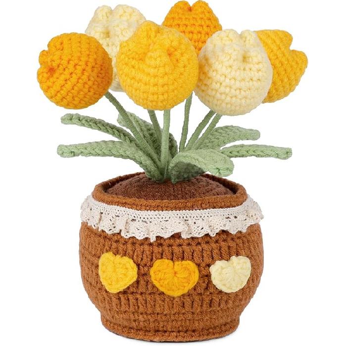 Handmade Potted Crochet Tulip Bouquet, Blush Pink Crocheted Tulips Hand Woven Flowers Knitted Flowers in Exquisite Pot Gift for Women Friends Kids