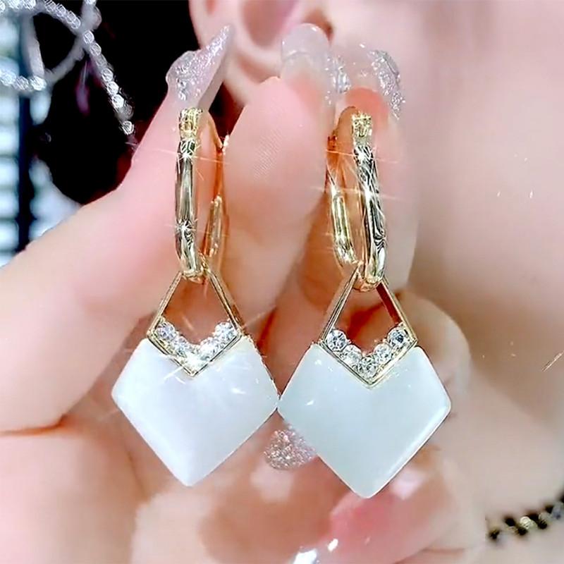 New Geometric Rhombus Luxury Opal Earrings Women's Fashionable Personalized Daily Accessories Party Jewelry Birthday Gifts