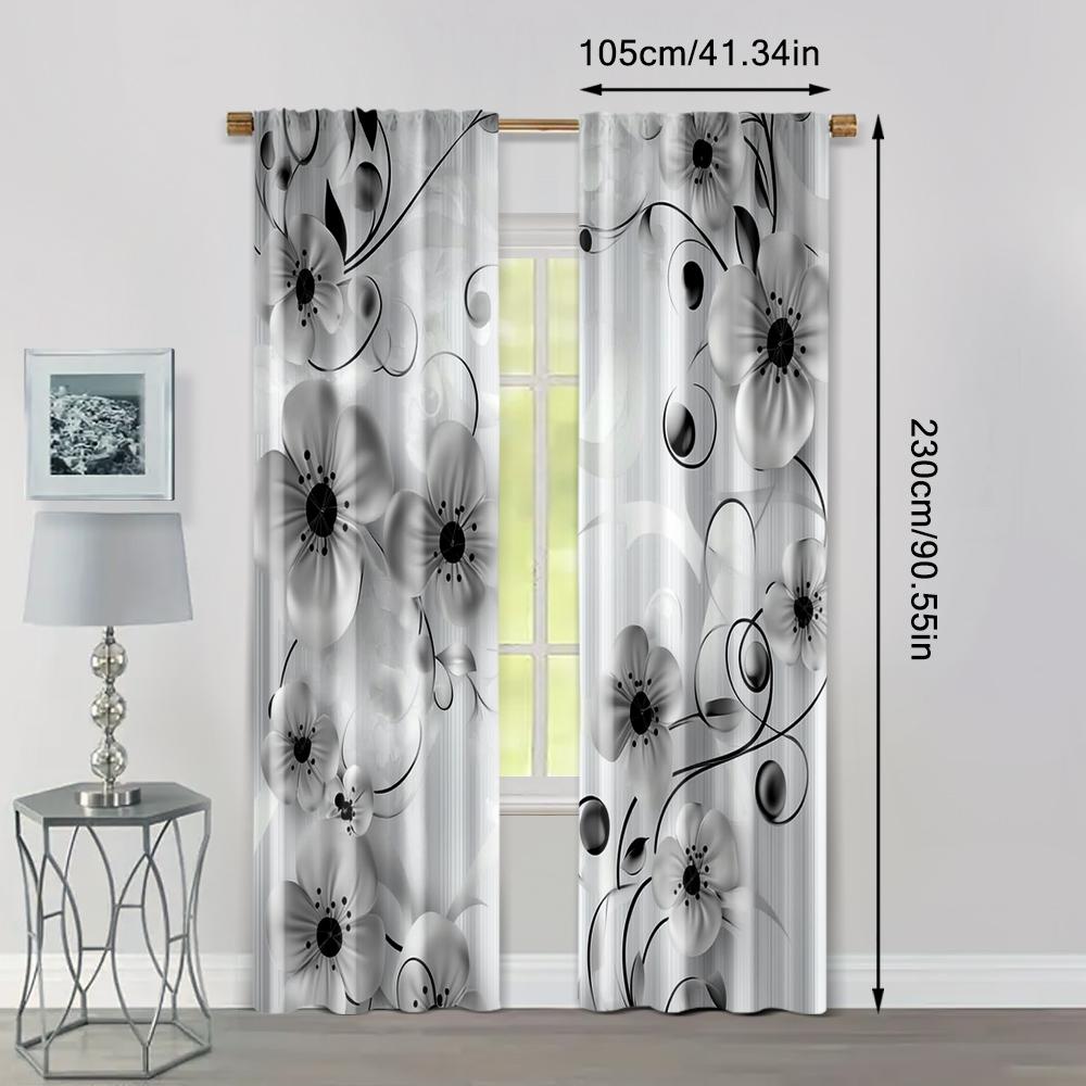 Set Of 2 Bohemian Print Curtains Style Black Floral Durable Polyester Fabric Without Rod Art Deco Festive Perfect Curtain Made