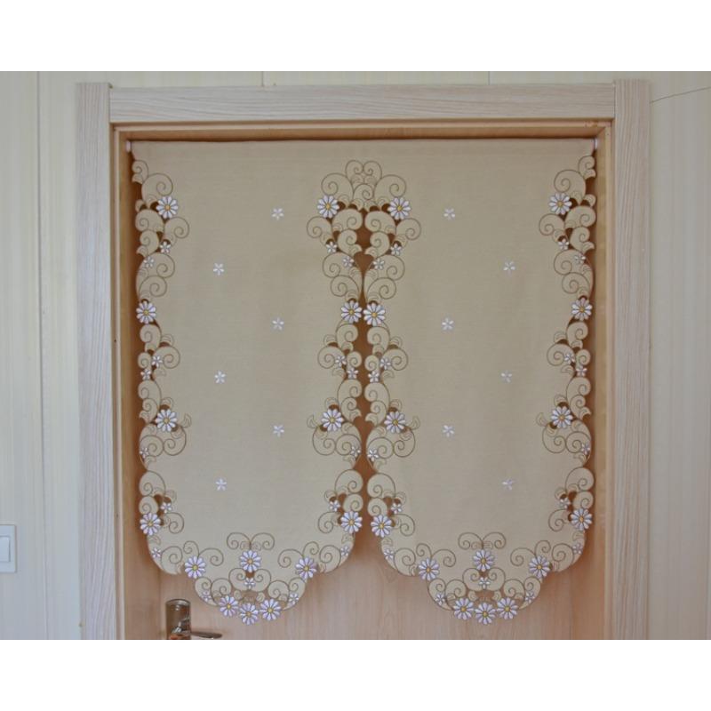 Rideau Court Kaki Clair Tissu Brodé Rideau de Porte Marguerite Rideau Élégant pour Chambre Salon Salle de Bain Cuisine, Sans Tringle, 1 pièce