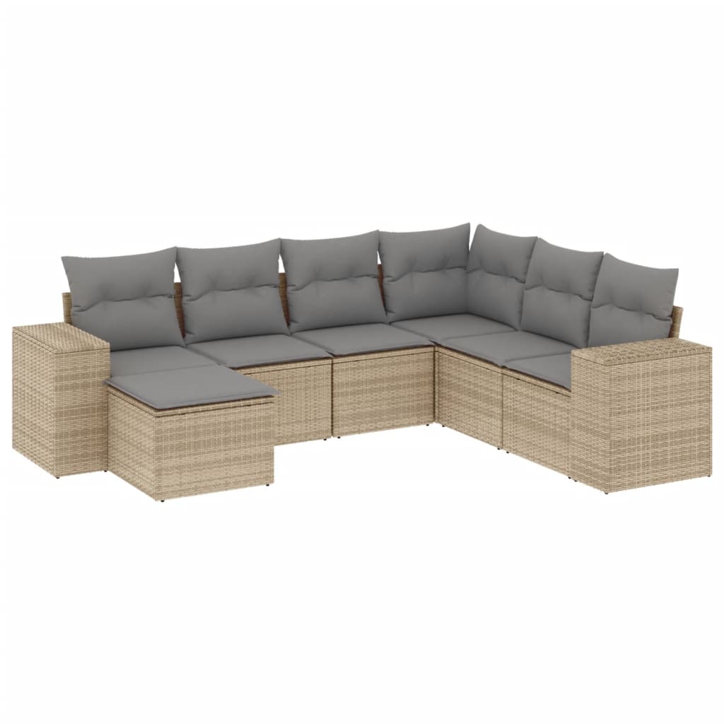 7 Piece Garden Sofa Set with Cushions Beige Poly Rattan