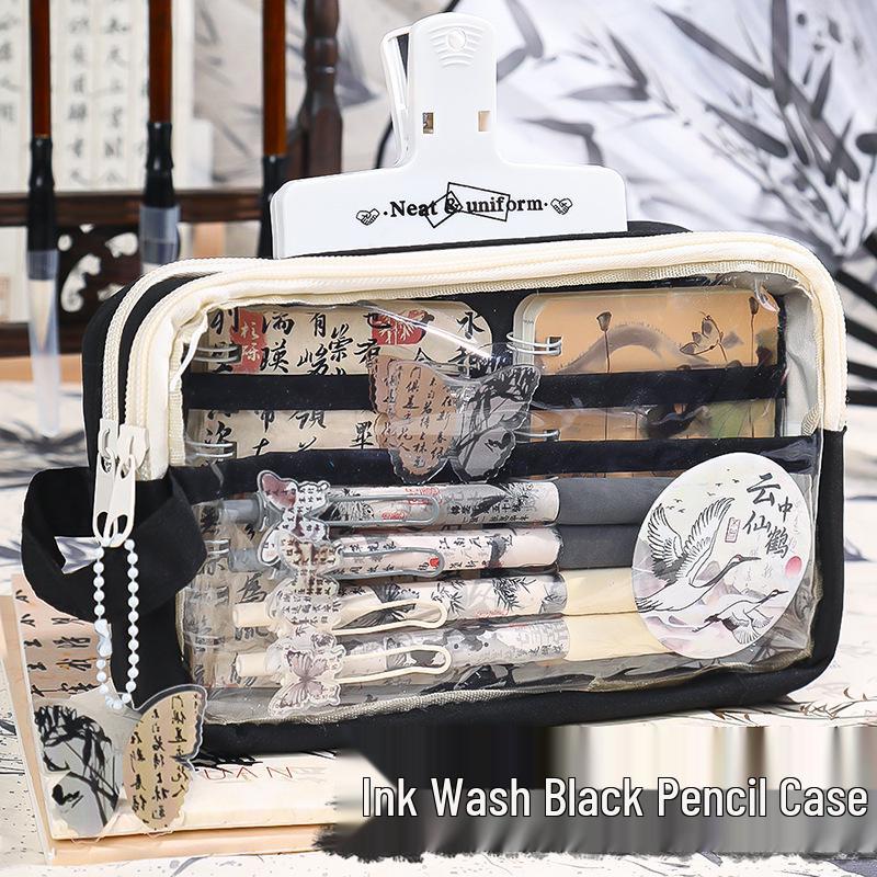 2025 Ink Wash Chinese Style Pencil Case - Trendy Ancient Stationery Box for Girls & Boys