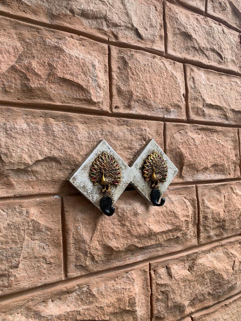 Hand Painted Wooden Peacock Wall Hooks: Black & White Decor