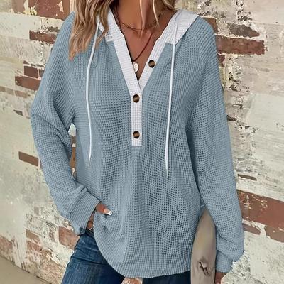 Sudadera con capucha de punto gofrado de color liso para mujer 2025, con botones y bloques de color