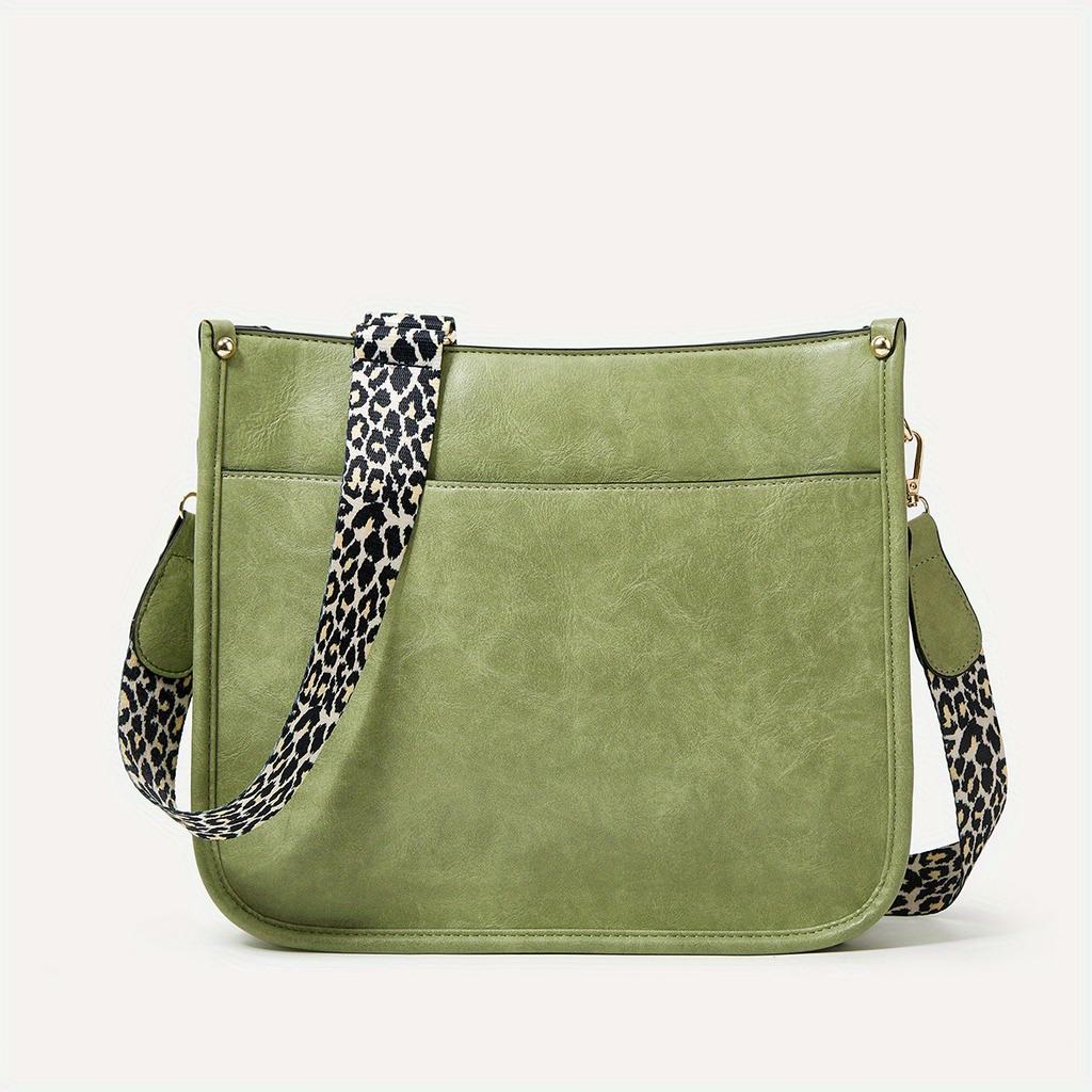 Bolso Bandolera de Cuero PU de Color Sólido Vintage Gran Capacidad Bolso de Hombro con Estampado de Leopardo Simple Bolso Tote de Moda Multifuncional