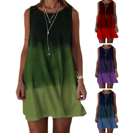 Women Summer Dress Gradient Contrast Color Sleeveless A-line Loose Round Neck Vest Type Daily Vacation Homewear