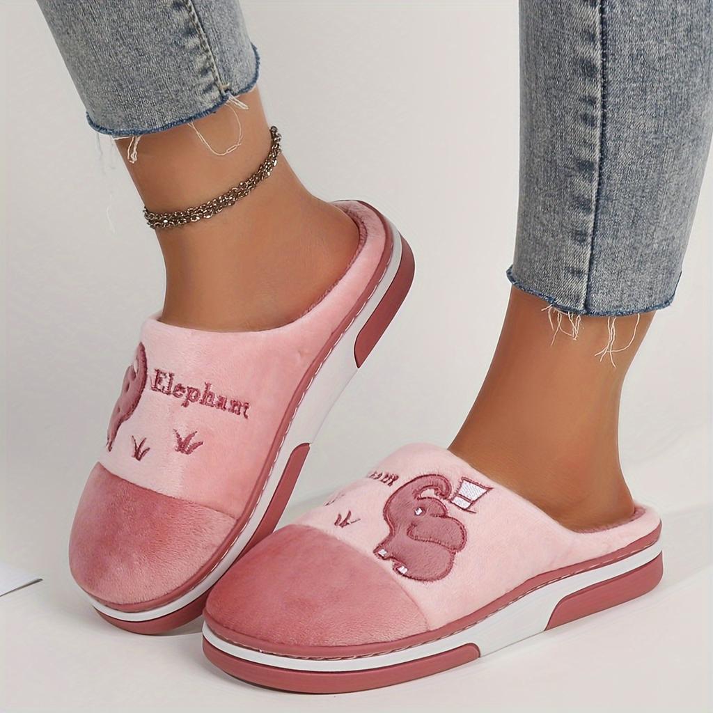 Women's Winter Plush Slip-On Slippers with Elephant Cartoon DesignCozy Indoor House Shoes for Cold Weather
