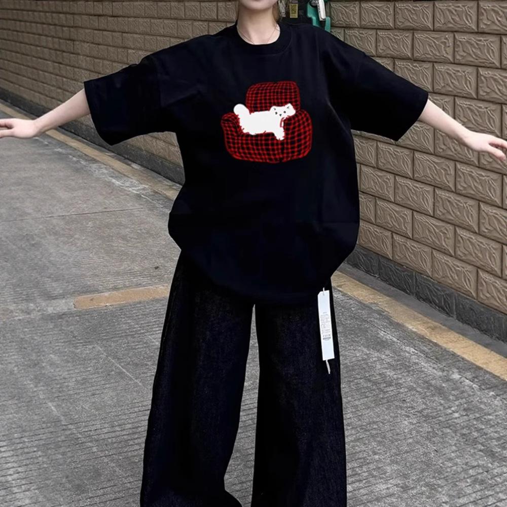 Summer short-sleeved t-shirt new popular kitten print design sense front shoulder American loose short-sleeved top t-shirt